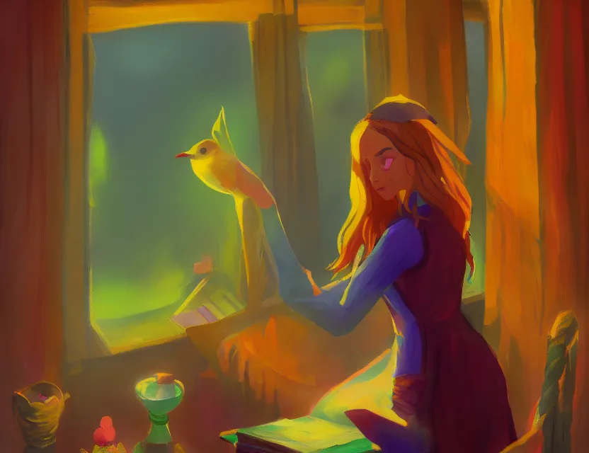 Prompt: bird witch girl in a cozy study. complementary colors, oil painting, indie concept art, bloom, chiaroscuro, backlighting.