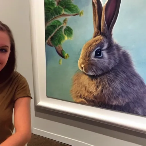 Prompt: a rabbit posing proudly next to a painting of a human