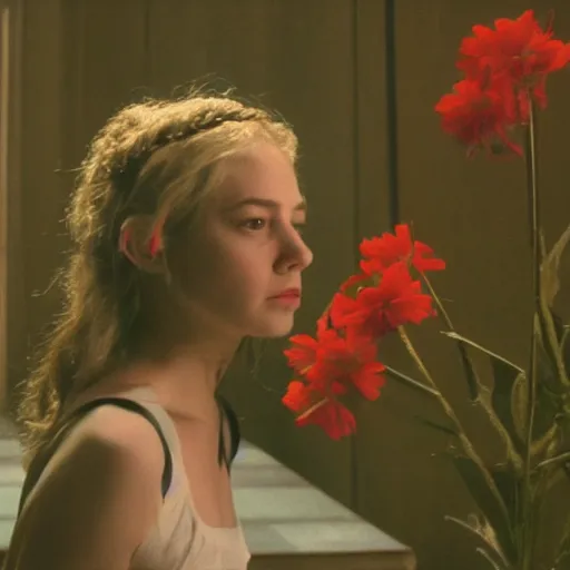 Image similar to movie still of the girl with the flowers head, cinematic composition, cinematic light, by edgar wright and david lynch, horror cinema
