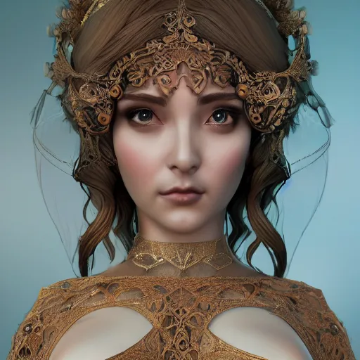 Prompt: a beautiful goddess dreamy eyes, lusty full body, ornated, intricate fabric gown, portrait 3 d figurine, octane render, 8 k, artstation, unreal engine, art nouveau, cinematic setting, hd, realistic fantasy background