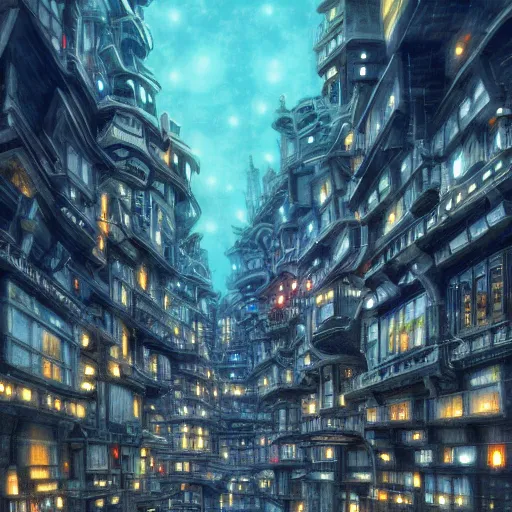 Image similar to a lot of lights, multi layered huge architectures, no people, intricate, Miyazaki Hayao, Ghibli, editor’s pickup, trending on artstation, trending on deviantart, 4K