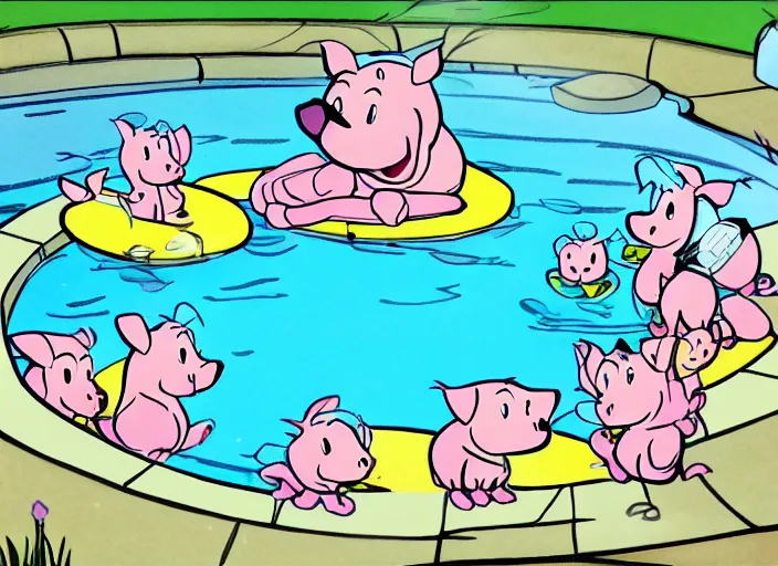 Image similar to one dalmatian piglet surrounded by chickadees in a swimming pool. comic style