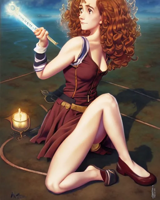 Image similar to pinup photo of hermione granger by emma watson in the crowded square of hogwarts, asuna by a - 1 pictures, by peter mohrbacher, gil elvgren, enoch bolles, glossy skin, pearlescent, anime, very coherent, sao style anime, flat