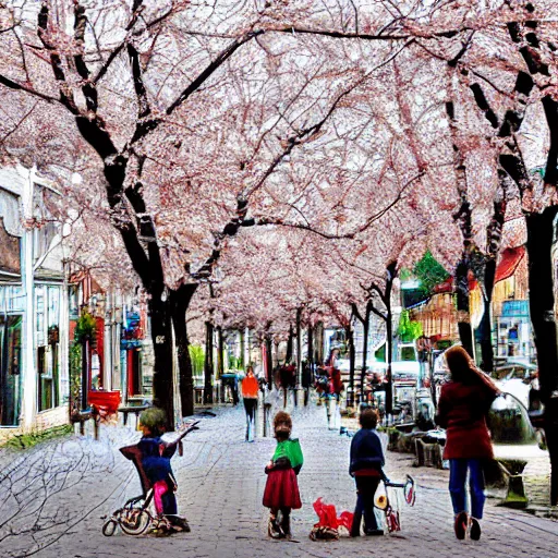 Prompt: a street in södermalm with a cafe, cherry trees and children playing, digital art