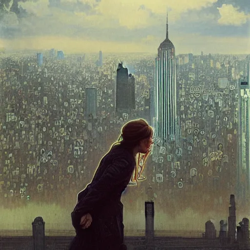 Image similar to “ a girl standing on a ledge looking down at a futuristic new york city below, ghostpunk, fog, storm clouds, rain, detailed face, oil painting, by alphonse mucha ”