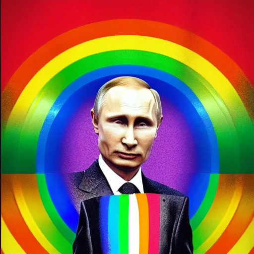 Image similar to Photo of Gay Pride Vladimir Putin, Photorealistic, rainbows