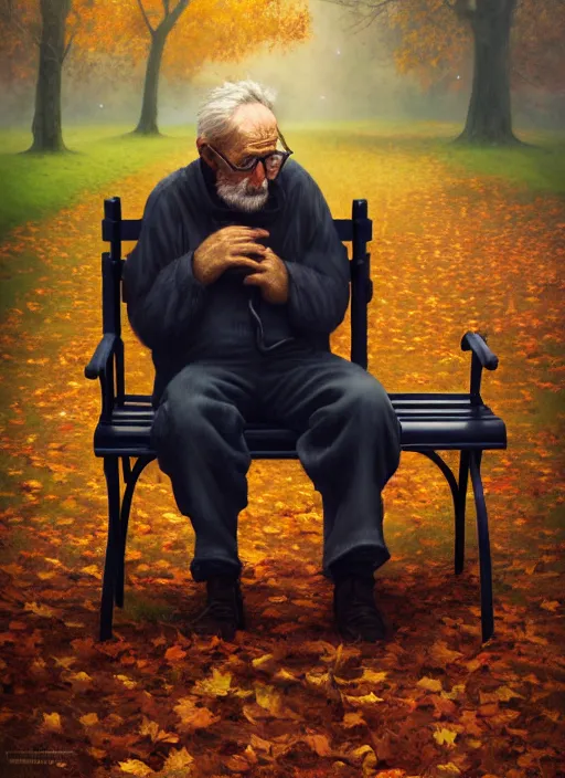 Prompt: an old man tangled around a park bench. portrait of a stretchy old man wrapped and tied around a park bench, autumn tranquility, forgetfulness, oblivion, inevitability, aging, surreal portrait, moody, by tom bagshaw, cold, 4 k