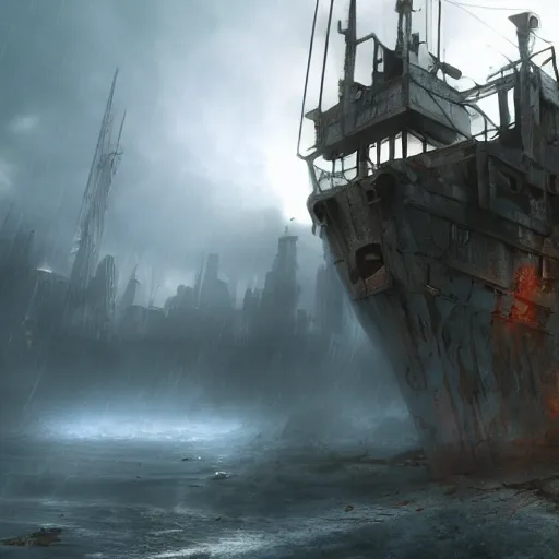 Image similar to apocalyptic, ruined future city. rusted future pirate ship with electronic thunders coming out. volumetric lighting, sharp focus, ultra detailed, cgsociety - w 1 0 2 4 - n 8 - i