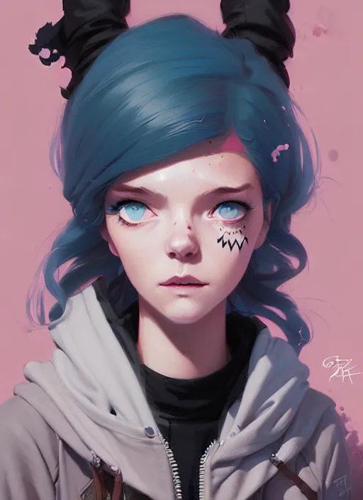 Image similar to highly detailed portrait of a urban punk lady student, blue eyes, hoodie, white hair by atey ghailan, by greg rutkowski, by greg tocchini, by james gilleard, by joe fenton, by kaethe butcher, gradient black, brown and pink color scheme, grunge aesthetic!!! ( ( graffiti tag wall background ) )