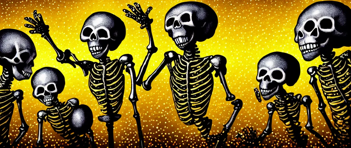 Image similar to hyperrealistic popart very cute glitter medieval skeletons dancing jason limon digital painting dramatic yellow lighting high angle hd 8k sharp shallow depth of field