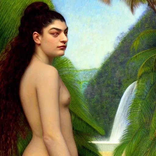 Prompt: a ultradetailed beautiful painting of lorde standing in front of the diamonds waterfall in the amazonas palace balustrade designed by jules bastien - lepage, tarsila do amaral, frank weston and gustave baumann, beach, trending on artstation, mediterranean, palm trees, sharp focus, soft light, 8 k 4 k
