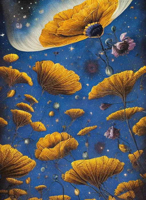 Image similar to detailed, intricate blue black and purple papaverum flower on the field, nebula, galaxy in the sky, winning award masterpiece, fantastically beautiful, illustration, aestheticly inspired, jacek yerka, upscale with anguissola sofonisba work, artstation, 8 k