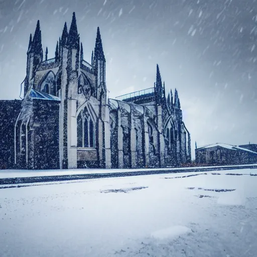 Prompt: a cathedral on a snowy plain with icicles forming on the roof. there is snow falling down from the sky which is overcast.