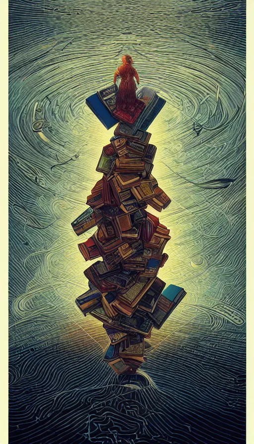 Image similar to The oracle of bibliophiles on cosmic cloudscape, italian futurism, Dan Mumford, da vinci, Victo Ngai