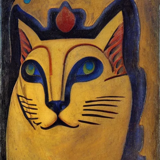 Image similar to ancient polychrome sculpture of a sacred cat head, by annie swynnerton and diego rivera and nicholas roerich and jean delville, symbolist, dramatic lighting, god rays, elaborate geometric ornament, art brut, rich colors, smooth sharp focus, extremely detailed, adolf wolfli