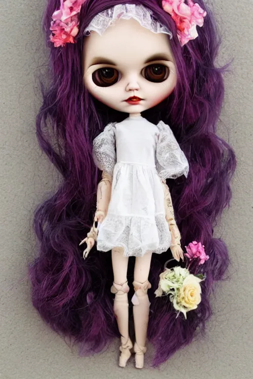 Image similar to gothic blythe doll with flowers painted by jeremiah ketner