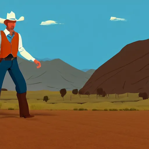 Image similar to cowboy on the range, beautiful New Mexico landscape, Art Deco, animation, cel-shading, toon shading, unity, 8k, 4k