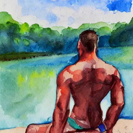 Image similar to muscular man by the river, water color painting