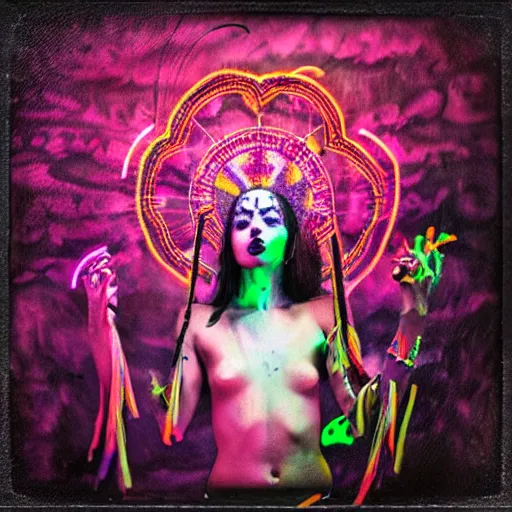 Image similar to dark voodoo priestress with neon tattoo sigils performing a sacred ritual, dark eerie backdrop, realistic digital art, inside a dark evil temple, polaroid pic by hyperrealism