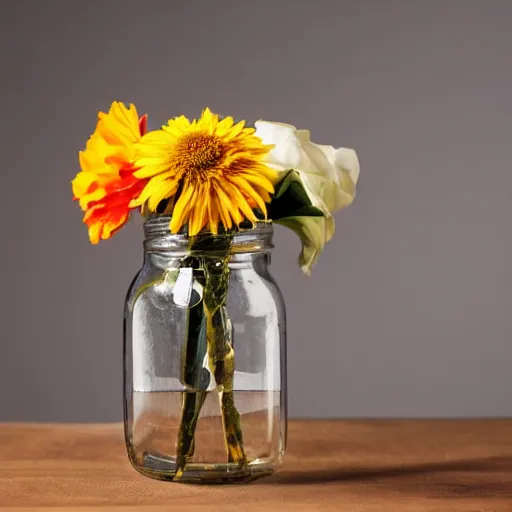 Image similar to photo of a man in a jar on a table, flower still life, close up, studio lighting