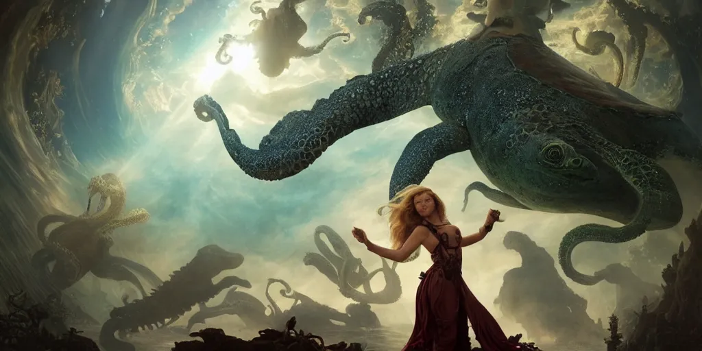 Image similar to Fantasy fairytale story, Great Leviathan Turtle, cephalopod, Cthulhu Squid, Mysterious Island, center Universe, accompany hybrid, Cory Chase, Blake Lively, Anya_Taylor-Joy, Grace Moretz, Halle Berry, Mystical Valkyrie, Anubis-Reptilian, Atlantean Warrior, intense fantasy atmospheric lighting, hyperrealistic, William-Adolphe Bouguereau, François Boucher, Jessica Rossier, Michael Cheval, michael whelan, Cozy, hot springs hidden Cave, candlelight, natural light, lush plants and flowers, Spectacular Mountains, bright clouds, luminous stellar sky, outer worlds, Solar Flare Unreal Engine, HD,