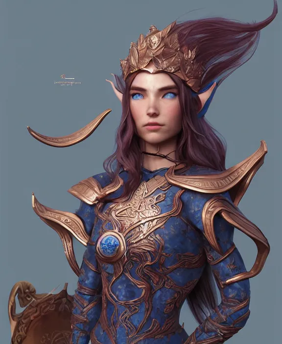 Image similar to a regal elf with long blue windswept hair in a rose gold breastplate, 3 d render by mandy jurgens, artgerm, and lu ji, centered, artsation contest winner, cgsociety, fantasy art, cryengine, concept art, photorealism, daz 3 d, sketchfab, zbrush, vray