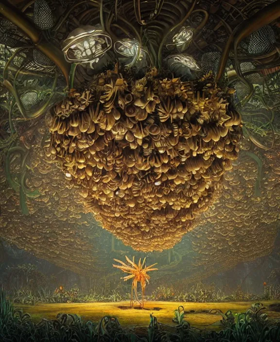 Image similar to a giant weird industrial plant hive made out of isopod dragonflies, in the style of a strange giant asymmetrical fungus, overgrown with disturbing orchids, godbeams, partly cloudy, somber, dramatic lighting, by dan mumford, yusuke murata, makoto shinkai, ross tran, cinematic, unreal engine, cel shaded, featured on artstation, pixiv