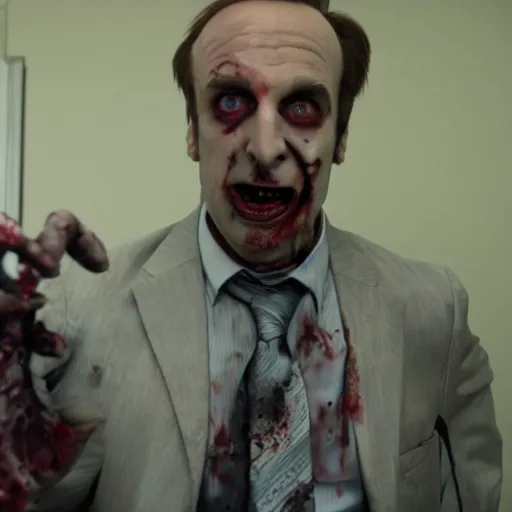 Image similar to film still of zombie zombie saul goodman as a zombie in better call saul, 4 k