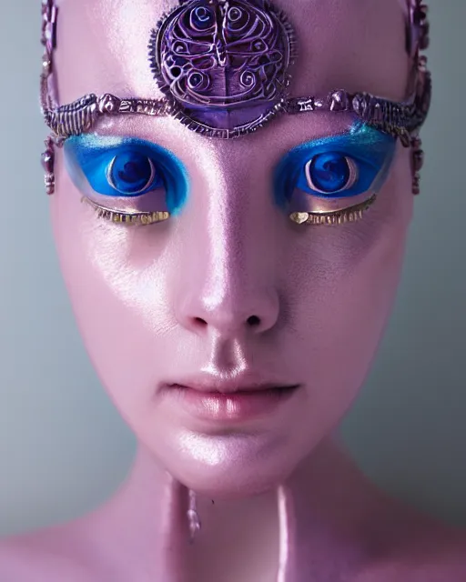 Image similar to natural light, soft focus portrait of an android with soft synthetic pink skin, blue bioluminescent plastics, smooth shiny metal, elaborate ornate head piece, piercings, skin textures, by annie liebovotz,