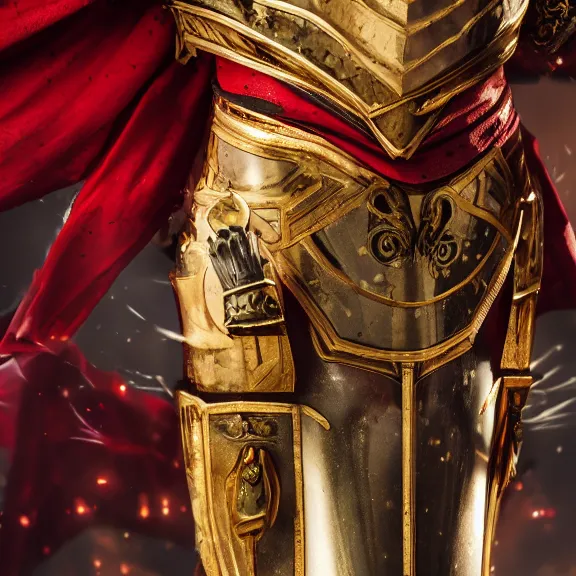 Image similar to magical roman armor, red and black cloths, gold metal highlights, splash art, movie still, cinematic lighting, dramatic, octane render, long lens, shallow depth of field, bokeh, anamorphic lens flare, 8k, hyper detailed, 35mm film grain