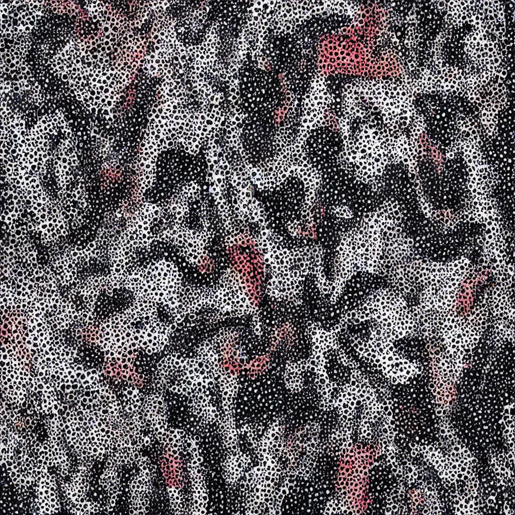 Prompt: camo made of teeth, smiling, abstract, rei kawakubo artwork, cryptic, dots, stipple, lines, splotch, color tearing, pitch bending, color splotches, hearts, dark, ominous, eerie, minimal, points, technical, old painting