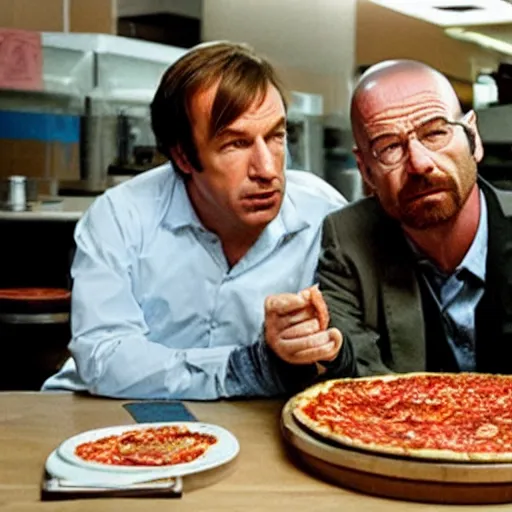 Image similar to Saul Goodman eating pizza with Walter White