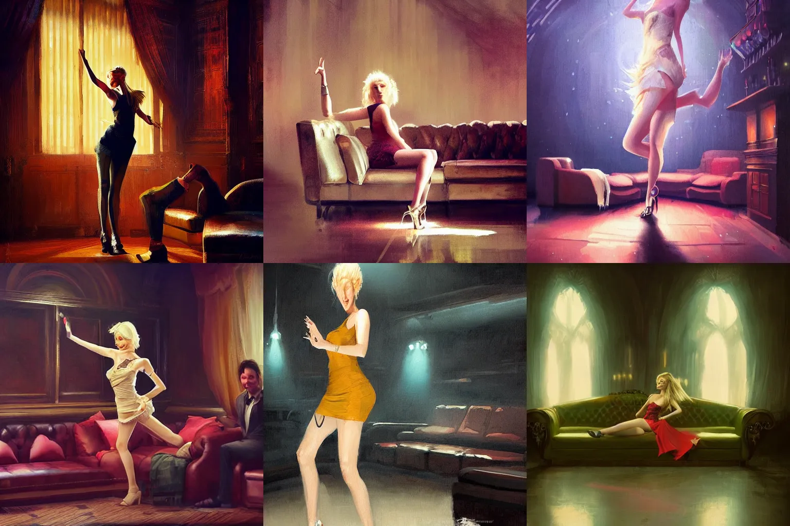 Prompt: a tall blonde lady dancing on a sofa in a nightclub with Michael Mcintyre, Greg Rutkowski, art station