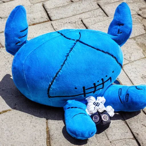 Image similar to blue'snappy gifts'plush doll, on sidewalk, gifts, happy atmosphere, high detail, soft lighting, 8 k