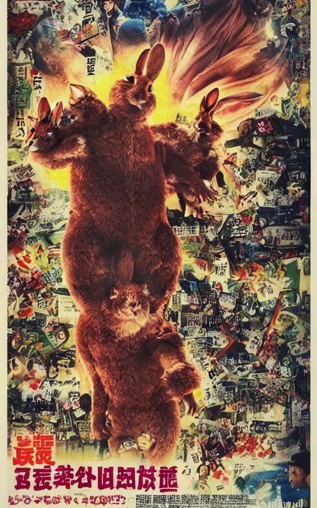 Prompt: Rabbit Kaiju destroying buildings japanese movie poster