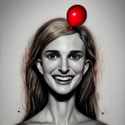 Image similar to surrealism grunge cartoon portrait sketch of natalie portman with a wide smile and a red balloon by - michael karcz, loony toons style, freddy krueger style, horror theme, detailed, elegant, intricate