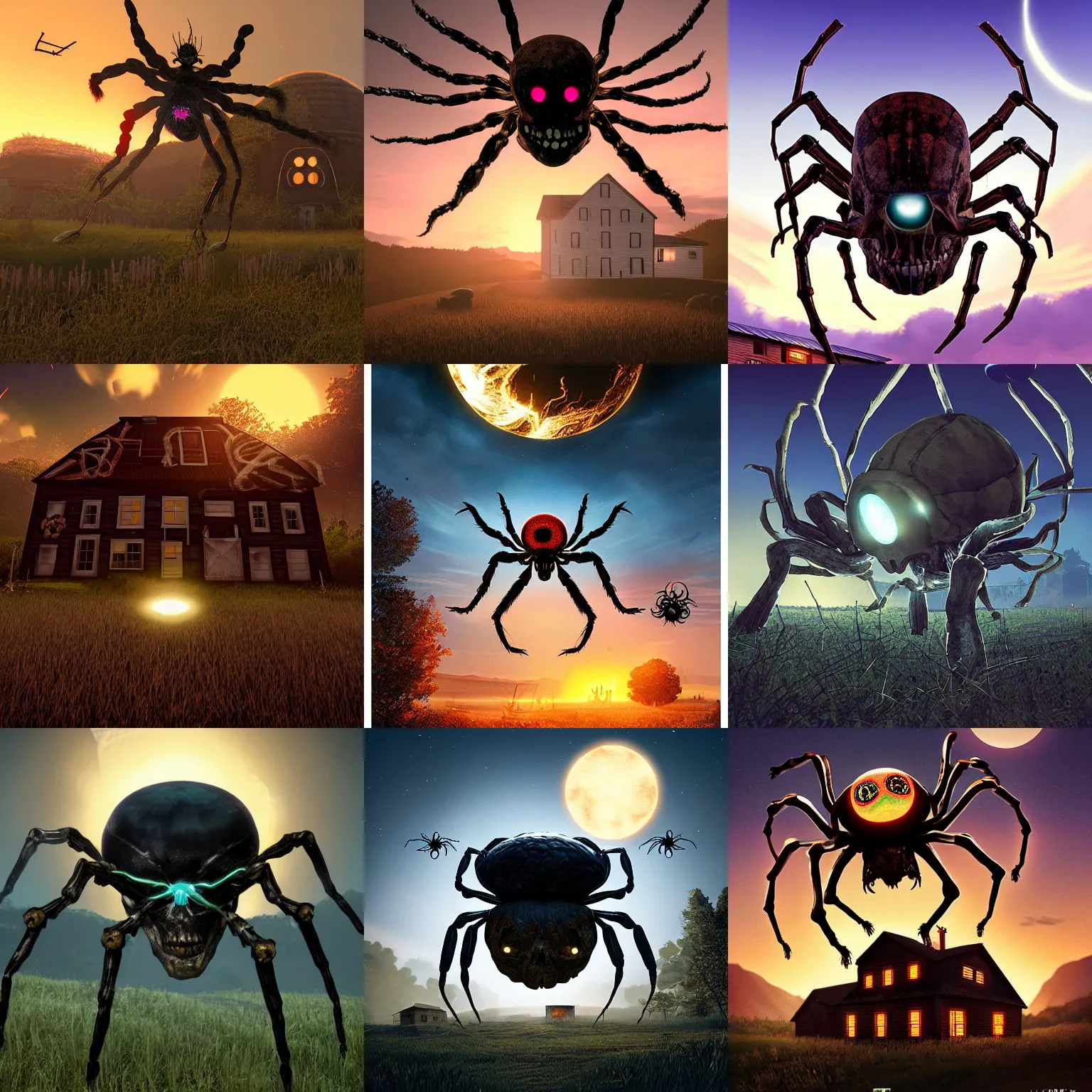 Prompt: giant skull spider with glowing eyes, hovering over a farmhouse at dusk, PC boxart