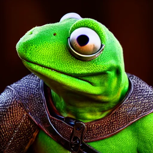 Image similar to hyperrealist highly detailed English medieval portrait of Kermit the Frog as Geralt of Rivia, concept art pascal blanche dramatic studio lighting 8k wide angle shallow depth of field