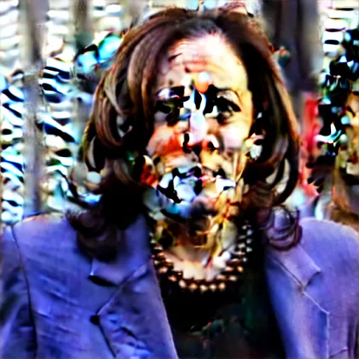 Image similar to kamala harris dressed up in hardcore gangbanger cosplay with face tattoos