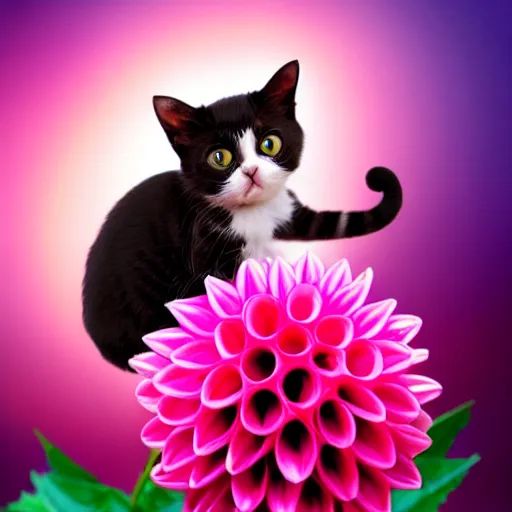 Prompt: very cute and tiny cat with horn sitting on a Dahlia flower flying on a pink cloud, sky background, pixar style, cinematic lightning, award winning creature photography