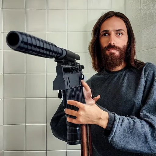 Prompt: jesus christ posing on instagram in his bathroom with an m 1 6