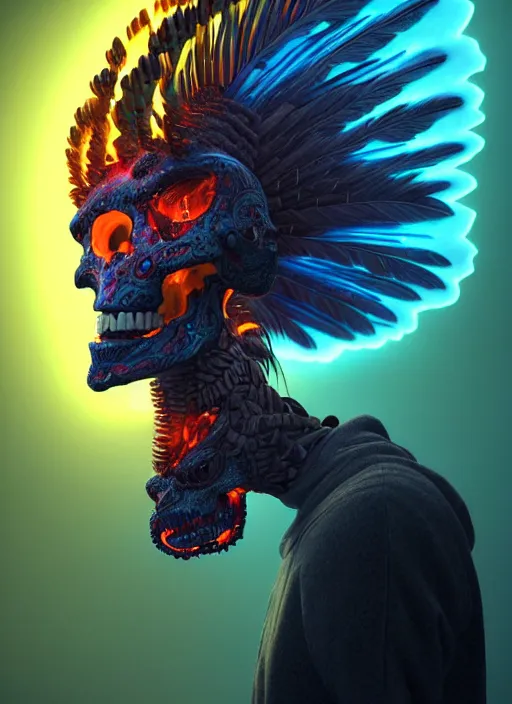 Image similar to 3 d shaman profile portrait, sigma 5 0 0 mm f / 5. beautiful intricate highly detailed quetzalcoatl skull and feathers. bioluminescent, plasma, lava, ice, water, wind, creature, thunderstorm! artwork by tooth wu and wlop and beeple and greg rutkowski, 8 k trending on artstation,