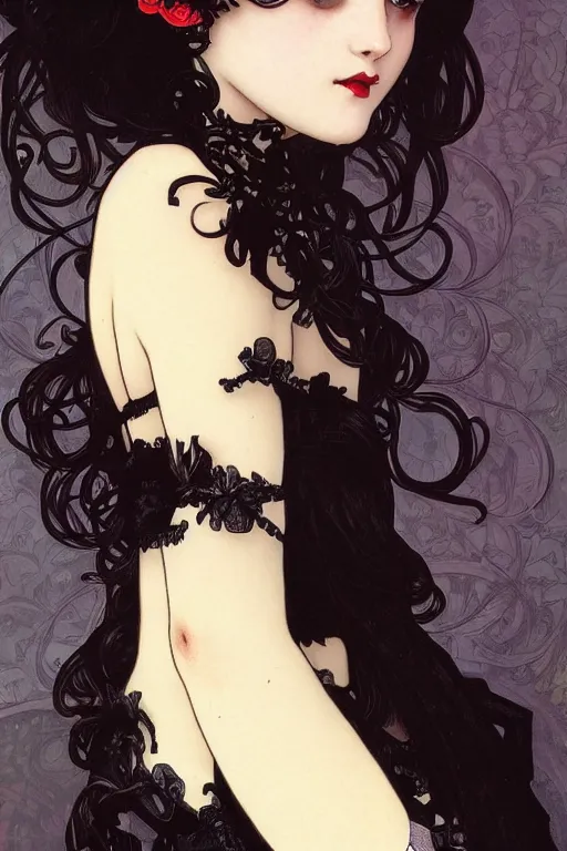 Image similar to A close-up portrait of a cute goth girl wearing a frilly black dress by Alphonse Mucha, black intricate hair, black lace choker, art nouveau card, wlop, trending on artstation, 8k