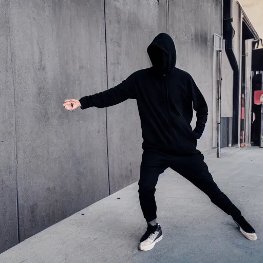 Image similar to photo of a man who dabs, in black hoodie and black pants, broad daylight in front of construction site barier wall