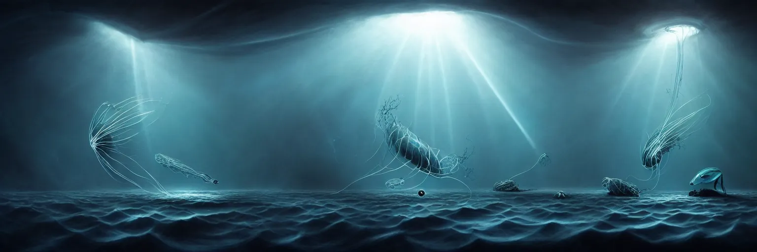 Image similar to whimsical deep sea plankton creatures from the depths of the imagination, dramatic light rays lighting, surreal dark uncanny painting by ronny khalil