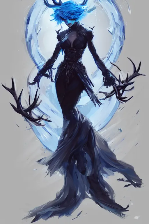 Prompt: fullbody!! dynamic action pose illustration, art by artgerm and greg rutkowski, beautiful woman with blue hair, antlers on her head, long flowing intricate black dress, dnd, face, fantasy, intricate, elegant, highly detailed, digital painting, artstation, concept art, smooth, sharp focus,