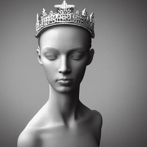 Image similar to 3 d render of a sculpture of a tall girl with long hair and a crown on her head, no colors, white and black, plastic, 4 k, 8 k, hd,