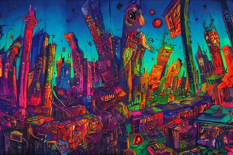 Image similar to surreal colorful nightmarish cityscape, artwork by Ralph Bakshi