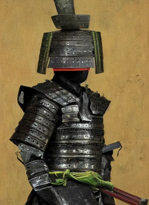 Image similar to a japanese samurai but his armor is greeen, little bit red, damaged and the helmet is almost futuristic, very detailed oil painting, dark and realistic, japanese art art