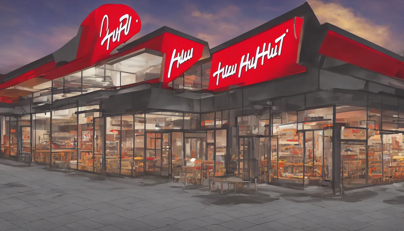 Prompt: futuristic Pizza Hut at night, view from outside, photorealistic